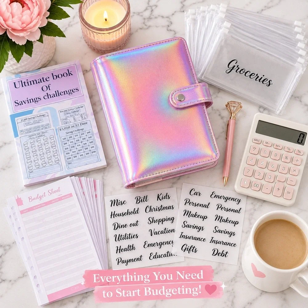 Skydue A6 Cash Stuffing Budget Binder Kit Holographic Savings Challenge Planner